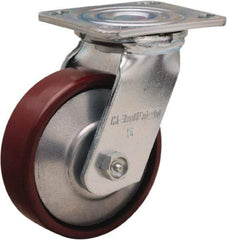 Hamilton - 5" Diam x 1-1/2" Wide x 6-1/2" OAH Top Plate Mount Swivel Caster - Cast Iron, 750 Lb Capacity, Straight Roller Bearing, 4 x 4-1/2" Plate - Eagle Tool & Supply