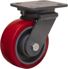 Hamilton - 5" Diam x 2" Wide x 6-1/2" OAH Top Plate Mount Swivel Caster - Polyurethane Mold on Forged Steel, 1,250 Lb Capacity, Sealed Precision Ball Bearing, 4 x 5" Plate - Eagle Tool & Supply