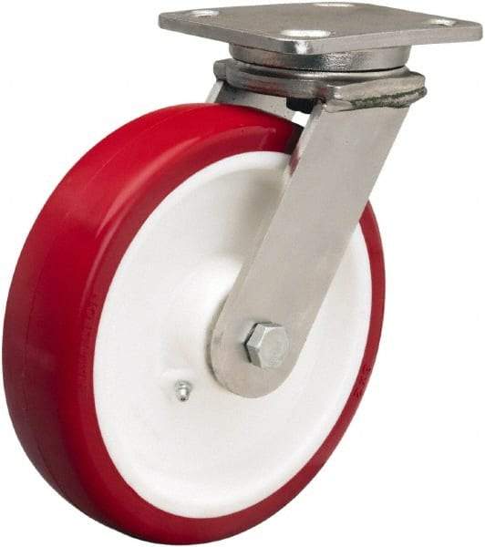 Hamilton - 8" Diam x 2" Wide x 9-1/2" OAH Top Plate Mount Swivel Caster - Polyurethane Mold on Polypropylene, 1,000 Lb Capacity, Delrin Bearing, 4 x 5" Plate - Eagle Tool & Supply