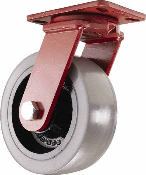 Hamilton - 8" Diam x 3" Wide x 10-1/4" OAH Top Plate Mount Swivel Caster - Polyurethane, 3,200 Lb Capacity, Sealed Precision Ball Bearing, 4-1/2 x 6-1/2" Plate - Eagle Tool & Supply