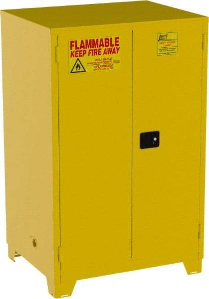 Jamco - 2 Door, 2 Shelf, Yellow Steel Double Wall Safety Cabinet for Flammable and Combustible Liquids - 70" High x 34" Wide x 43" Deep, Manual Closing Door, 3 Point Key Lock, 90 Gal Capacity - Eagle Tool & Supply