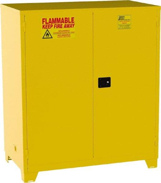 Jamco - 2 Door, 2 Shelf, Yellow Steel Double Wall Safety Cabinet for Flammable and Combustible Liquids - 70" High x 34" Wide x 59" Deep, Manual Closing Door, 3 Point Key Lock, 120 Gal Capacity - Eagle Tool & Supply