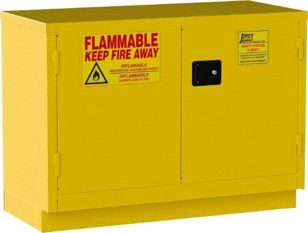 Jamco - 2 Door, 1 Shelf, Yellow Steel Double Wall Safety Cabinet for Flammable and Combustible Liquids - 35" High x 22" Wide x 48" Deep, Manual Closing Door, 3 Point Key Lock, 30 Gal Capacity - Eagle Tool & Supply