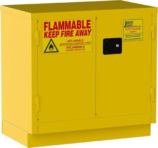 Jamco - 2 Door, 1 Shelf, Yellow Steel Double Wall Safety Cabinet for Flammable and Combustible Liquids - 35" High x 22" Wide x 36" Deep, Manual Closing Door, 3 Point Key Lock, 22 Gal Capacity - Eagle Tool & Supply