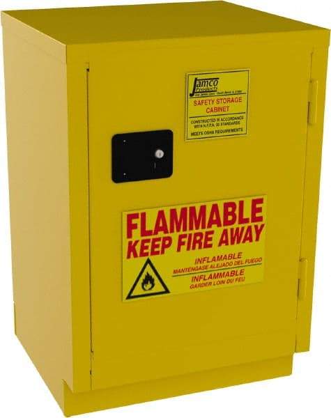 Jamco - 1 Door, 1 Shelf, Yellow Steel Double Wall Safety Cabinet for Flammable and Combustible Liquids - 35" High x 22" Wide x 24" Deep, Manual Closing Door, 3 Point Key Lock, 12 Gal Capacity - Eagle Tool & Supply