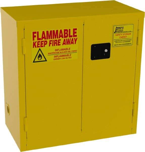 Jamco - 2 Door, 1 Shelf, Yellow Steel Double Wall Safety Cabinet for Flammable and Combustible Liquids - 35" High x 18" Wide x 34" Deep, Self Closing Door, 3 Point Key Lock, 22 Gal Capacity - Eagle Tool & Supply