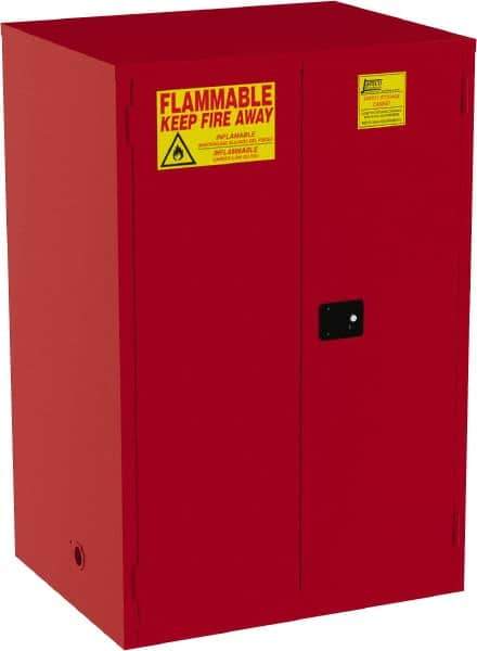 Jamco - 2 Door, 5 Shelf, Red Steel Double Wall Safety Cabinet for Flammable and Combustible Liquids - 65" High x 34" Wide x 43" Deep, Self Closing Door, 3 Point Key Lock, 120 Gal Capacity - Eagle Tool & Supply