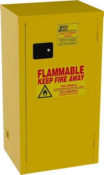 Jamco - 1 Door, 2 Shelf, Yellow Steel Double Wall Safety Cabinet for Flammable and Combustible Liquids - 44" High x 23" Wide x 18" Deep, Self Closing Door, 3 Point Key Lock, 18 Gal Capacity - Eagle Tool & Supply