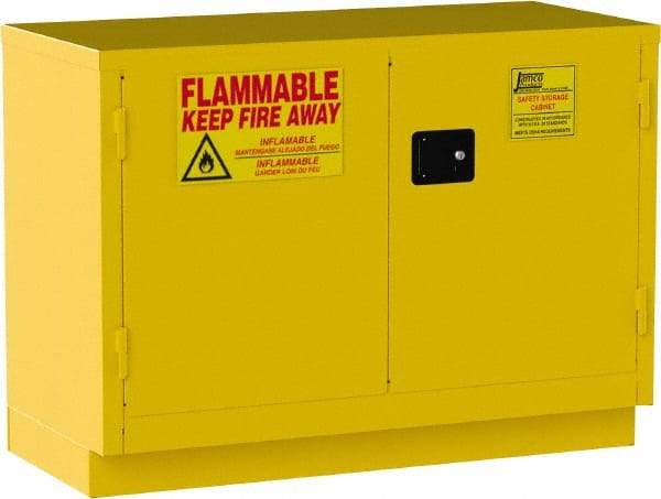 Jamco - 2 Door, 1 Shelf, Yellow Steel Double Wall Safety Cabinet for Flammable and Combustible Liquids - 35" High x 22" Wide x 48" Deep, Self Closing Door, 3 Point Key Lock, 30 Gal Capacity - Eagle Tool & Supply