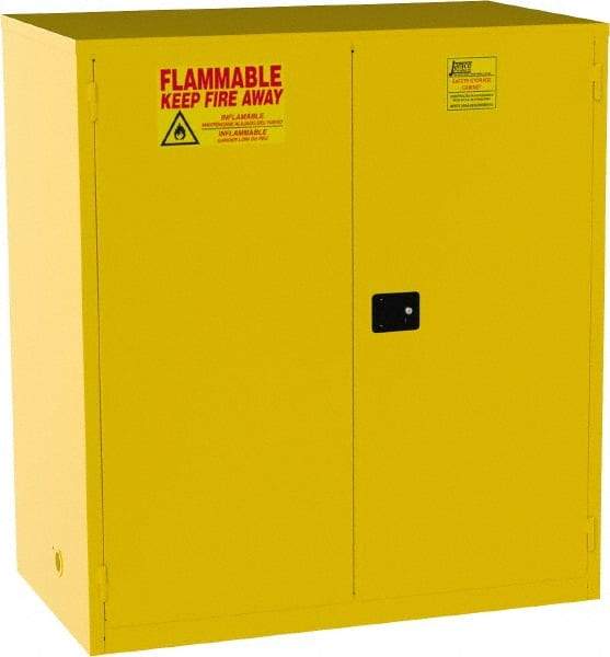 Jamco - 2 Door, 2 Shelf, Yellow Steel Double Wall Safety Cabinet for Flammable and Combustible Liquids - 65" High x 34" Wide x 59" Deep, Manual Closing Door, 3 Point Key Lock, 120 Gal Capacity - Eagle Tool & Supply