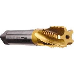 Emuge - 1/2-14 NPT, 5 Flutes, TiN Coated, Cobalt, Interrupted Thread Pipe Tap - 3-1/8 Inch Overall Length, 11/16 Inch Shank Diameter, 1.38 Inch Thread Length, 0.51 Inch Square Size, Modified Bottoming Chamfer, Series KEG - Eagle Tool & Supply
