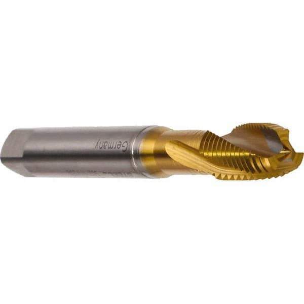 Emuge - M10x1.50 Metric 3 Flute 6H Modified Bottoming Spiral Flute Tap - Cobalt, TiN Finish, 100mm OAL, Right Hand Flute, Right Hand Thread, Series Rekord DF - Eagle Tool & Supply