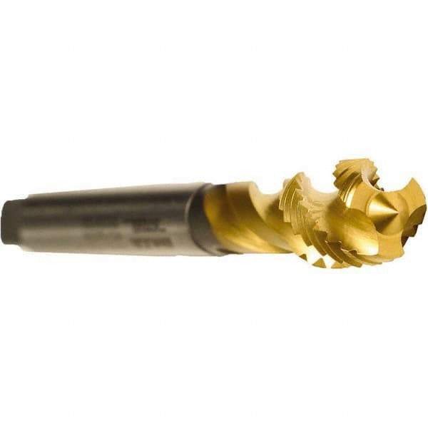Emuge - M12x1.75 Metric 3 Flute 6H Modified Bottoming Spiral Flute Tap - Cobalt, TiN Finish, 3-3/8" OAL, Right Hand Flute, Right Hand Thread, Series Enorm - Eagle Tool & Supply