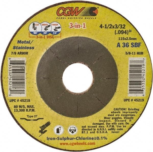 Camel Grinding Wheels - 36 Grit, 6" Wheel Diam, 3/32" Wheel Thickness, Type 27 Depressed Center Wheel - Medium Grade, Aluminum Oxide, Resinoid Bond, 10,200 Max RPM - Eagle Tool & Supply