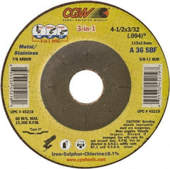 Camel Grinding Wheels - 36 Grit, 6" Wheel Diam, 3/32" Wheel Thickness, Type 27 Depressed Center Wheel - Medium Grade, Aluminum Oxide, Resinoid Bond, 10,200 Max RPM - Eagle Tool & Supply