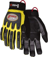 MCR Safety - Size XL Work Gloves - Adjustable Closure Cuff, Yellow Hi-Vis, Gray Leather, Red Logo, Hi-Vis Yellow Fabric, Paired - Eagle Tool & Supply