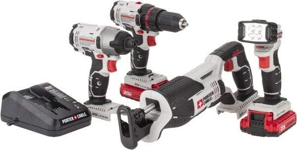 Porter-Cable - 20 Volt Cordless Tool Combination Kit - Includes 1/2" Drill/Driver, 1/4" Impact Driver, Reciprocating Saw & Flash Light, Lithium-Ion Battery Included - Eagle Tool & Supply