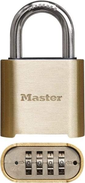 Master Lock - 2" Body Width x 3" Body Height, 1" Shackle Clearance, Brass Finish Combination Lock - 5/16" Shackle Diam, 1" Shackle Width, Set Your Own 4 Digit Combination - Eagle Tool & Supply