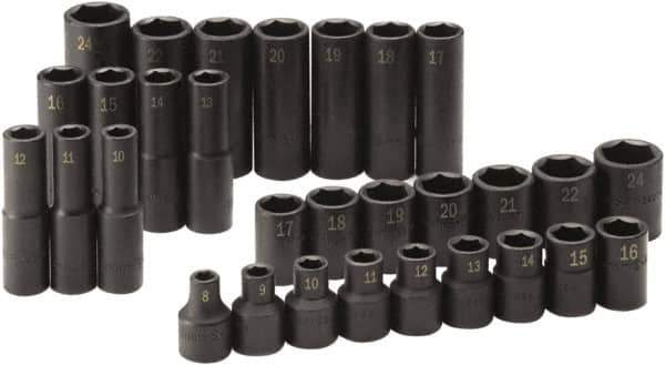 SK - 30 Piece 1/2" Drive Standard Deep Impact Socket Set - 6 Points, 8 to 24mm, Metric Measurement Standard - Eagle Tool & Supply