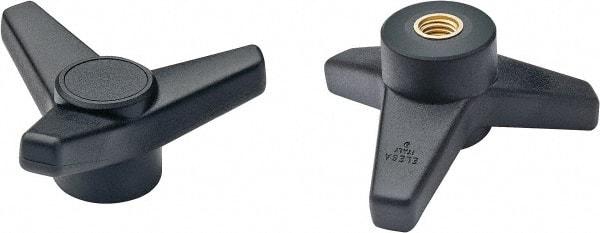 Elesa - 4" Head Diam, 3/8-16 Hole, 1-5/8" High, Glass Fibre Reinforced Technopolymer 3 Arm Knob - 1-7/16" Hub Diam, 1.42 Head Height, Female Insert Style, 3/4 Hole Depth, Black - Eagle Tool & Supply