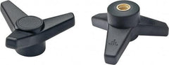 Elesa - 4" Head Diam, 3/8-16 Hole, 1-5/8" High, Glass Fibre Reinforced Technopolymer 3 Arm Knob - 1-7/16" Hub Diam, 1.42 Head Height, Female Insert Style, 3/4 Hole Depth, Black - Eagle Tool & Supply