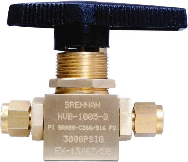 Brennan - 1/4" Pipe, Tube End Connections, Brass, Inline, Two Way Flow, Instrumentation Ball Valve - 3,000 psi WOG Rating, Nylon Handle, PTFE Seal, PFA Seat, Swaglok B-42S4 - Eagle Tool & Supply