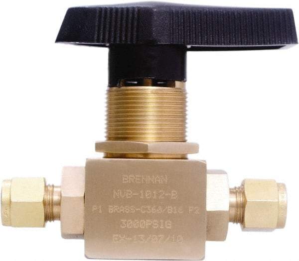 Brennan - 3/8" Pipe, Tube End Connections, Brass, Inline, Two Way Flow, Instrumentation Ball Valve - 3,000 psi WOG Rating, Nylon Handle, PTFE Seal, PFA Seat, Swaglok B-44S6 - Eagle Tool & Supply