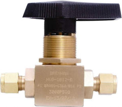 Brennan - 3/8" Pipe, Tube End Connections, Brass, Inline, Two Way Flow, Instrumentation Ball Valve - 3,000 psi WOG Rating, Nylon Handle, PTFE Seal, PFA Seat, Swaglok B-44S6 - Eagle Tool & Supply