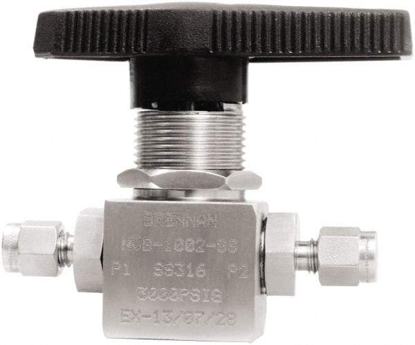 Brennan - 1/8" Pipe, Tube End Connections, Stainless Steel, Inline, Two Way Flow, Instrumentation Ball Valve - 3,000 psi WOG Rating, Nylon Handle, PTFE Seal, PFA Seat, Swaglok SS-41GS2 - Eagle Tool & Supply