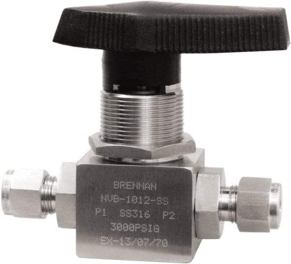 Brennan - 3/8" Pipe, Tube End Connections, Stainless Steel, Inline, Two Way Flow, Instrumentation Ball Valve - 3,000 psi WOG Rating, Nylon Handle, PTFE Seal, PFA Seat, Swaglok SS-44S6 - Eagle Tool & Supply