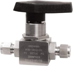 Brennan - 3/8" Pipe, Tube End Connections, Stainless Steel, Inline, Two Way Flow, Instrumentation Ball Valve - 3,000 psi WOG Rating, Nylon Handle, PTFE Seal, PFA Seat, Swaglok SS-44S6 - Eagle Tool & Supply