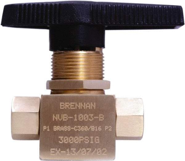 Brennan - 1/8" Pipe, NPT End Connections, Brass, Inline, Two Way Flow, Instrumentation Ball Valve - 3,000 psi WOG Rating, Nylon Handle, PTFE Seal, PFA Seat, Swaglok B-42F2 - Eagle Tool & Supply
