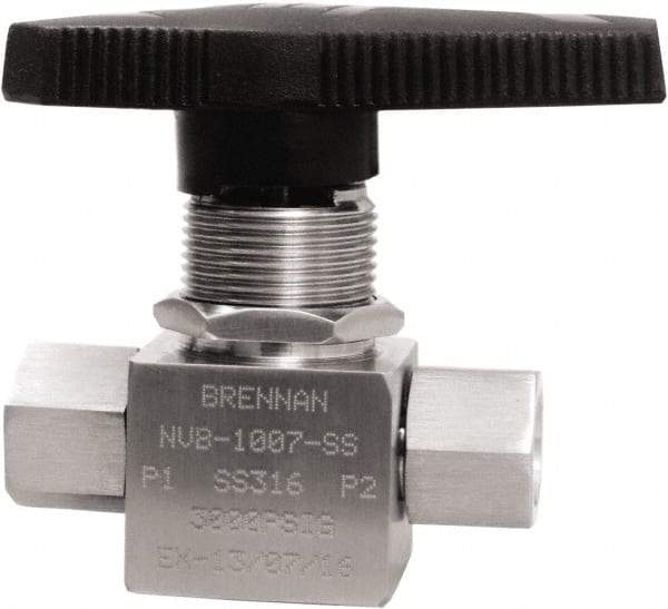 Brennan - 1/4" Pipe, NPT End Connections, Stainless Steel, Inline, Two Way Flow, Instrumentation Ball Valve - 3,000 psi WOG Rating, Nylon Handle, PTFE Seal, PFA Seat, Swaglok SS-43GEF4 - Eagle Tool & Supply