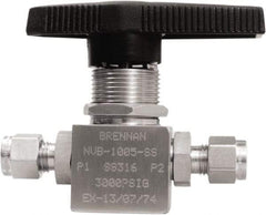 Brennan - 1/4" Pipe, Tube End Connections, Stainless Steel, Inline, Two Way Flow, Instrumentation Ball Valve - 3,000 psi WOG Rating, Nylon Handle, PTFE Seal, PFA Seat, Swaglok SS-42GS4 - Eagle Tool & Supply