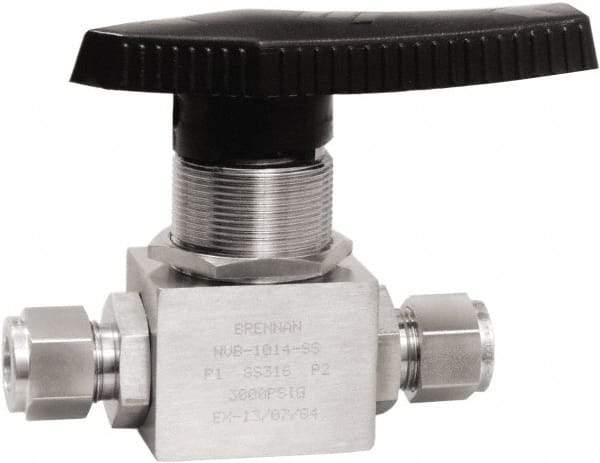 Brennan - 1/2" Pipe, Tube End Connections, Stainless Steel, Inline, Two Way Flow, Instrumentation Ball Valve - 3,000 psi WOG Rating, Nylon Handle, PTFE Seal, PFA Seat, Swaglok SS-45S8 - Eagle Tool & Supply