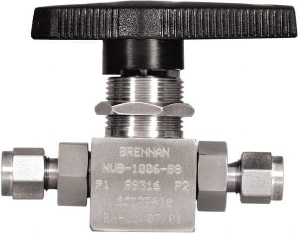 Brennan - 1/4" Pipe, Tube End Connections, Stainless Steel, Inline, Two Way Flow, Instrumentation Ball Valve - 3,000 psi WOG Rating, Nylon Handle, PTFE Seal, PFA Seat, Swaglok SS-43GS4 - Eagle Tool & Supply
