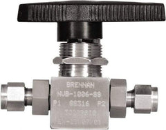 Brennan - 1/4" Pipe, Tube End Connections, Stainless Steel, Inline, Two Way Flow, Instrumentation Ball Valve - 3,000 psi WOG Rating, Nylon Handle, PTFE Seal, PFA Seat, Swaglok SS-43GS4 - Eagle Tool & Supply