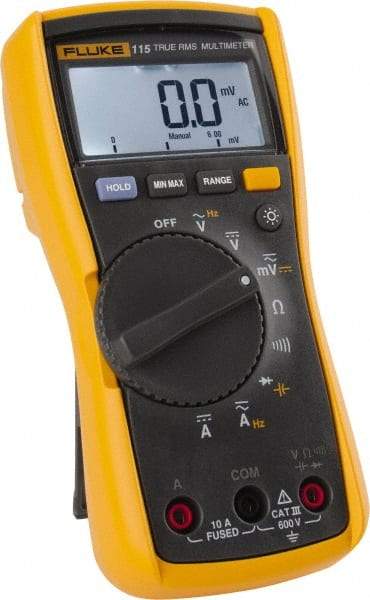 Fluke - 115, CAT III, 600 VAC/VDC, Digital True RMS Auto Ranging Manual Ranging Multimeter - 40 mOhm, Measures Voltage, Capacitance, Current, Frequency, Resistance - Eagle Tool & Supply