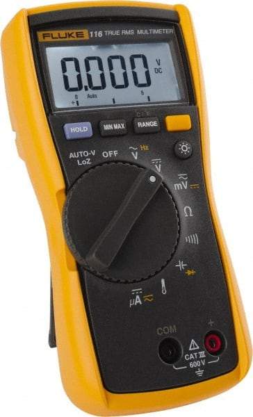 Fluke - 116, CAT III, 600 VAC/VDC, Digital True RMS Auto Ranging Manual Ranging Multimeter - Measures Voltage, Capacitance, Resistance, Temperature - Eagle Tool & Supply