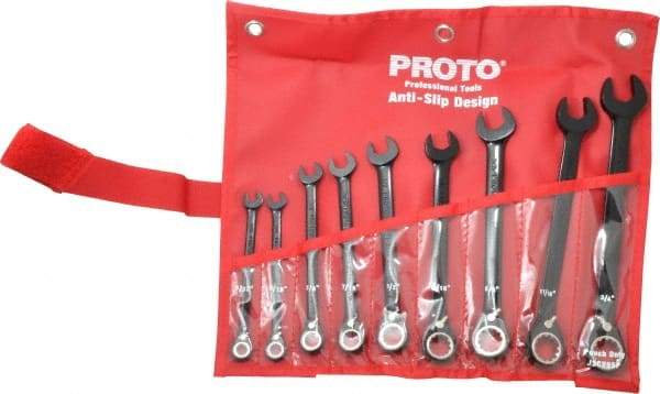 Proto - 9 Piece, 9/32" to 3/4", 12 Point Combination Wrench Set - Inch Measurement Standard, Black/Chrome Finish, Comes in Pouch - Eagle Tool & Supply