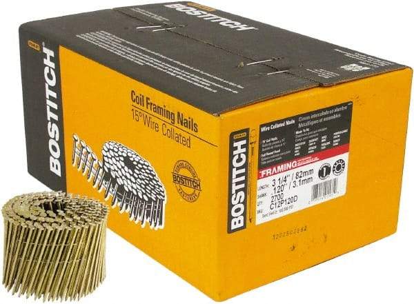 Stanley Bostitch - 11 Gauge 0.12" Shank Diam 3-1/4" Long Framing Nails for Power Nailers - Steel, Yellow Zinc Finish, Smooth Shank, Coil Wire Collation, Round Head, Diamond Point - Eagle Tool & Supply