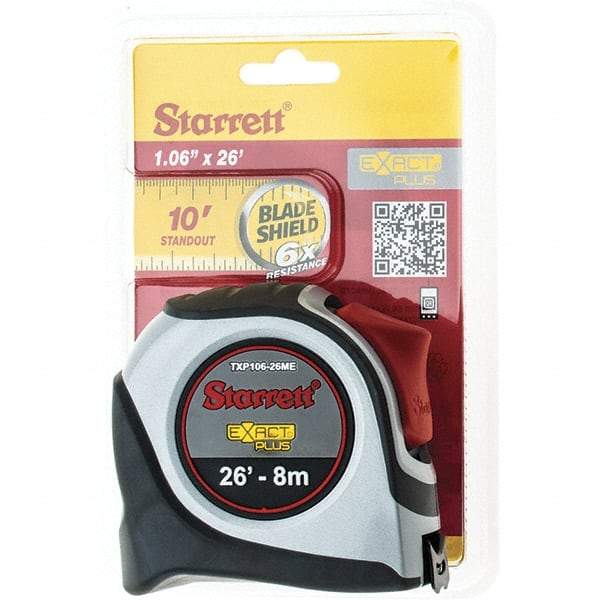 Starrett - 26' x 1-1/16" Yellow Blade Tape Measure - 1/16" & 1mm Graduation, S9 Graduation Style, Gray Case - Eagle Tool & Supply