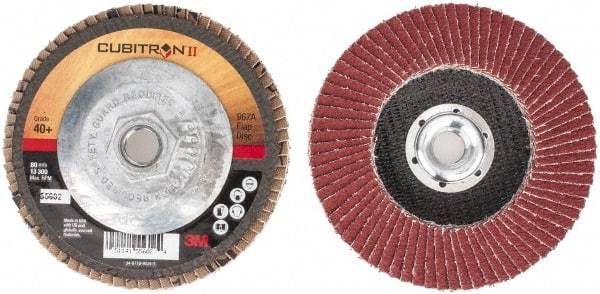 3M - 40 Grit, 4-1/2" Disc Diam, 5/8-11 Center Hole, Type 27 Ceramic Flap Disc - 13,300 Max RPM, Cloth Backing, Arbor Attaching System, Coated - Eagle Tool & Supply