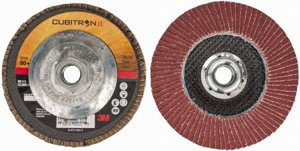 3M - 60 Grit, 4-1/2" Disc Diam, 5/8-11 Center Hole, Type 29 Ceramic Flap Disc - 13,300 Max RPM, Cloth Backing, Arbor Attaching System, Coated - Eagle Tool & Supply
