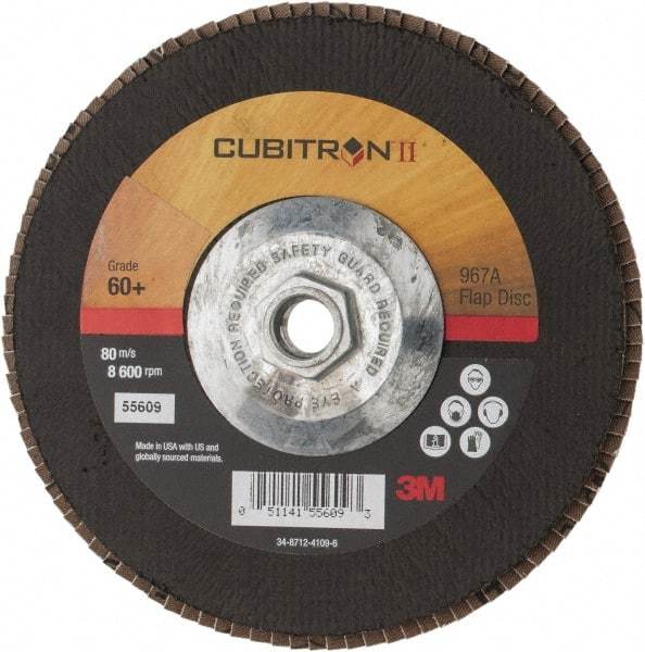 3M - 60 Grit, 7" Disc Diam, 5/8-11 Center Hole, Type 27 Ceramic Flap Disc - 13,300 Max RPM, Cloth Backing, Arbor Attaching System, Coated - Eagle Tool & Supply