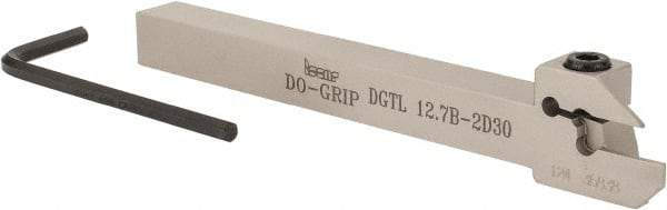 Iscar - 0.591" Max Depth of Cut, 0.075" Min Groove Width, 5-1/2" OAL, Left Hand Indexable Grooving Cutoff Toolholder - 1/2" Shank Height x 1/2" Shank Width, DG. 1../DG. 2.. Insert Style, DGT Toolholder Style, Series Do Grip - Eagle Tool & Supply