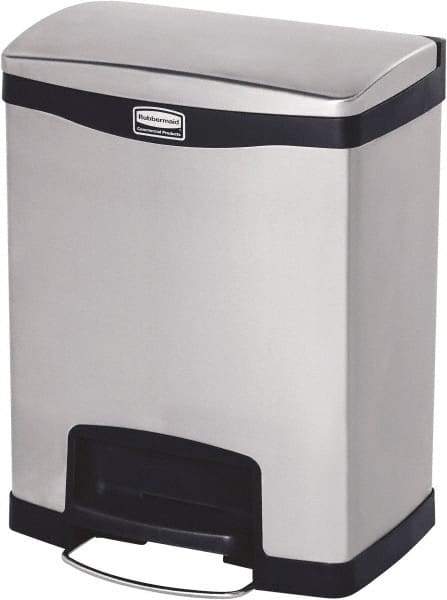 Rubbermaid - 8 Gal Rectangle Unlabeled Trash Can - 21.86" High x 16-7/8" Long, Chrome, Black, Metal - Eagle Tool & Supply