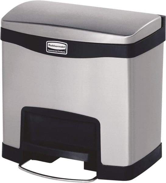 Rubbermaid - 4 Gal Rectangle Unlabeled Trash Can - 15.73" High x 15-1/2" Long, Chrome, Black, Metal - Eagle Tool & Supply