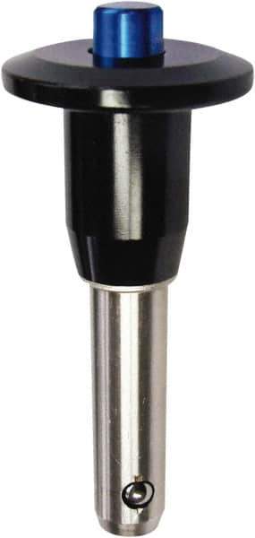 Monroe Engineering Products - 5/8" Diam, 1-1/2" Usable Length, Button Handle, Push Button Quick Release Pin - 3-3/4" OAL, Grade 4140 Steel, Zinc-Plated Finish - Eagle Tool & Supply