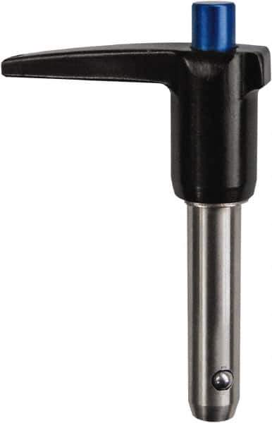 Monroe Engineering Products - 5/8" Diam, 5" Usable Length, L Handle, Push Button Quick Release Pin - 7-1/2" OAL, Grade 4140 Steel, Zinc-Plated Finish - Eagle Tool & Supply